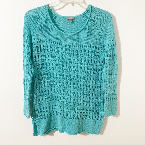 J. Jill Linen Cotton Blend Loose Open Knit Rolled Hems Rounded Neck Sweater 🩵 - Picture 1 of 8
